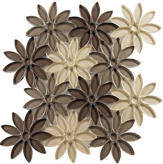 Flower-shaped mosaic tiles in shades of brown and beige, arranged in a square pattern.