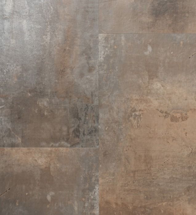 Brown, mottled tile flooring with a metallic, distressed appearance.