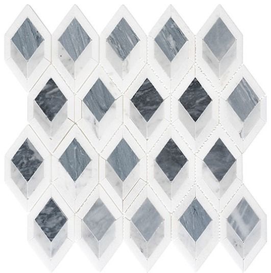 Geometric mosaic tile with diamond shapes in gray and white marble.