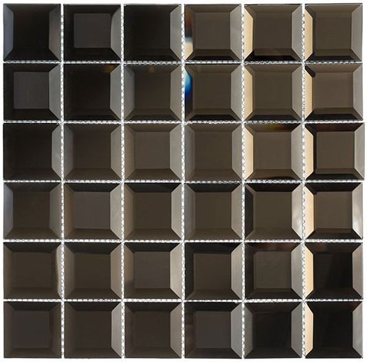 Square tile mosaic in shades of dark brown with beveled edges and light gray grout.