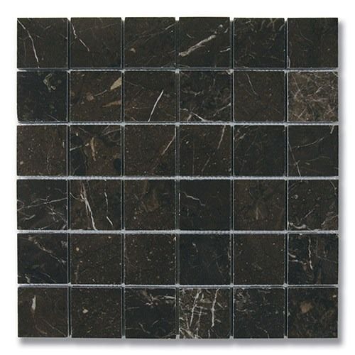 Dark brown marble tile mosaic with white veining.
