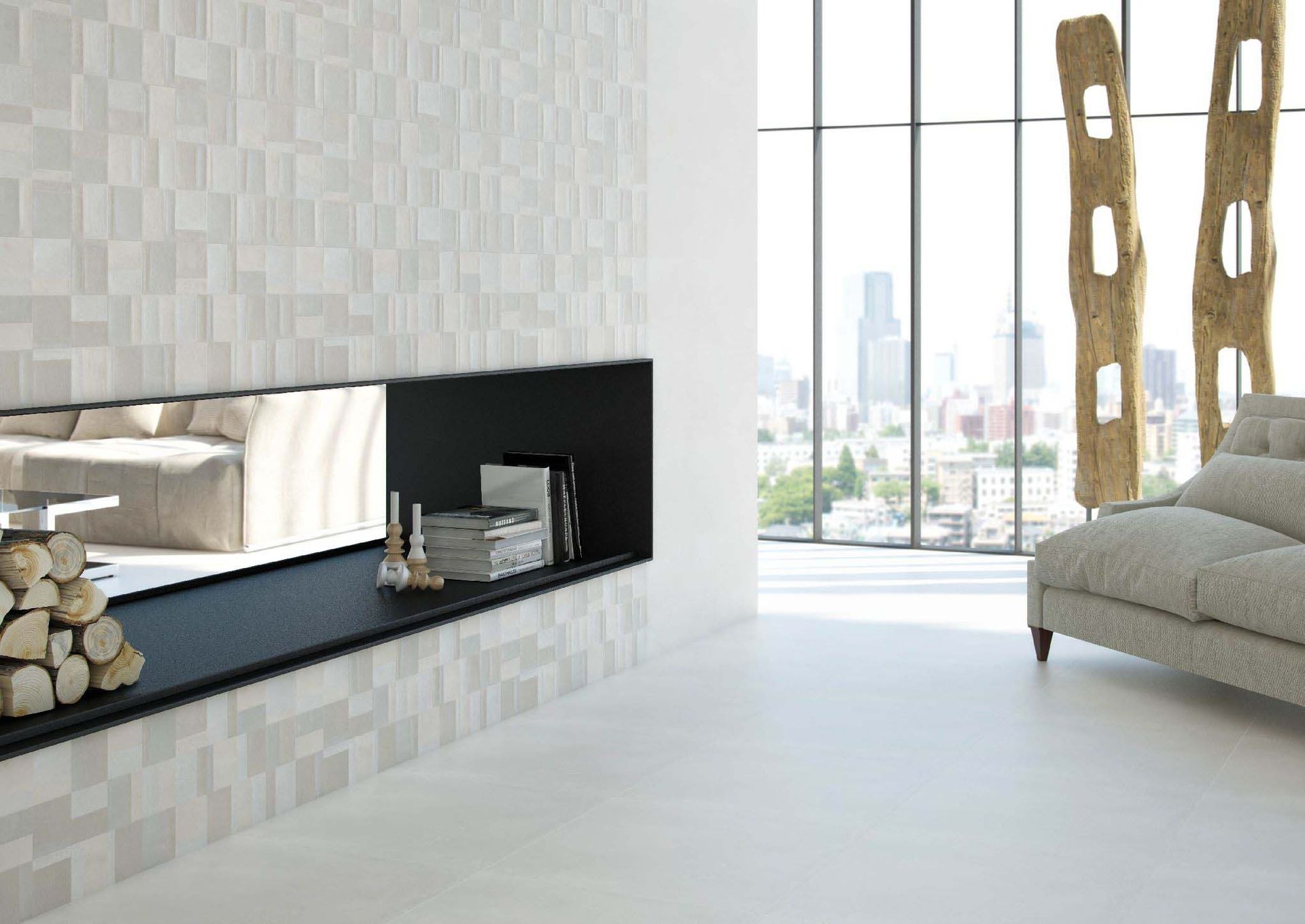 Modern living room with a white-tiled wall, black fireplace, sofa, and city view from a large window.