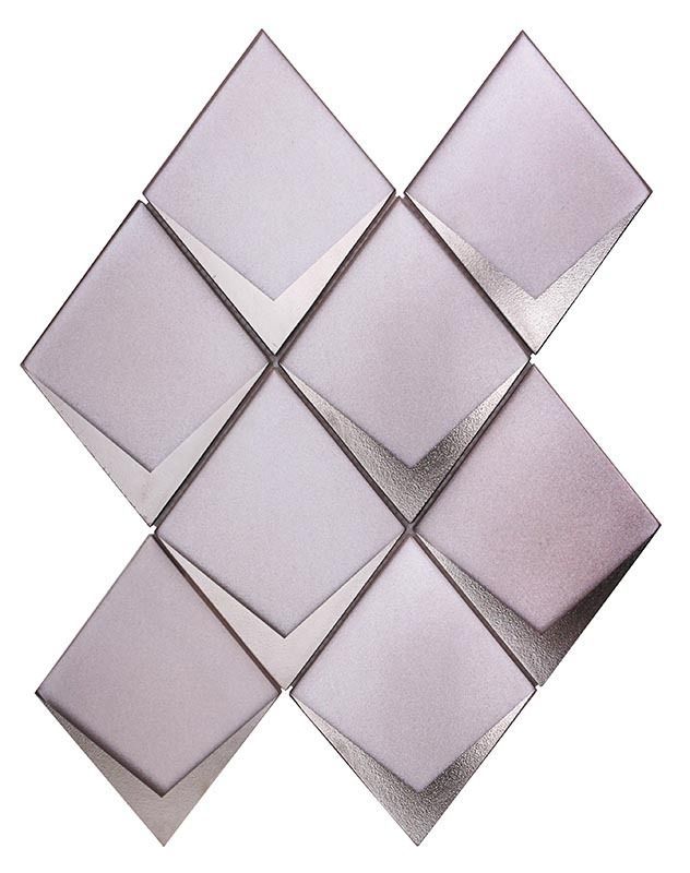 Abstract arrangement of 12 gray, square tiles, partially folded with silver edges.