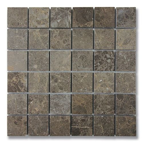 Dark brown square marble tiles in a grid pattern.