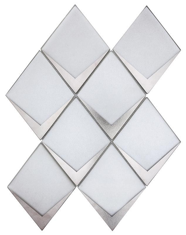Geometric arrangement of nine white, angled squares forming a diamond shape.