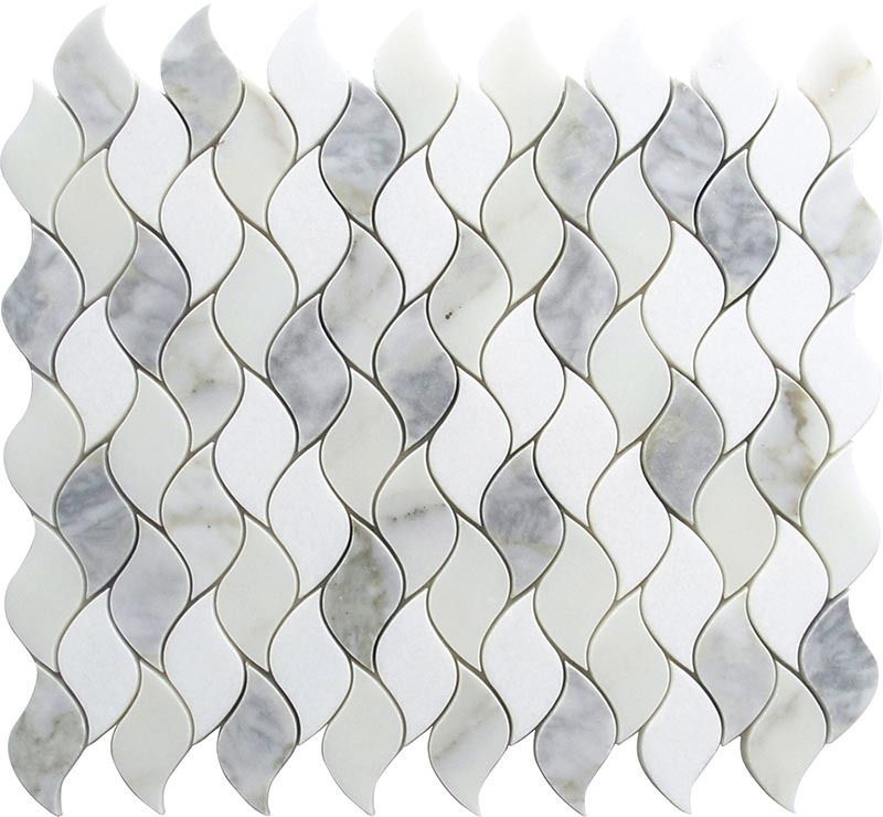 White and gray marble tile mosaic in a wavy leaf pattern.