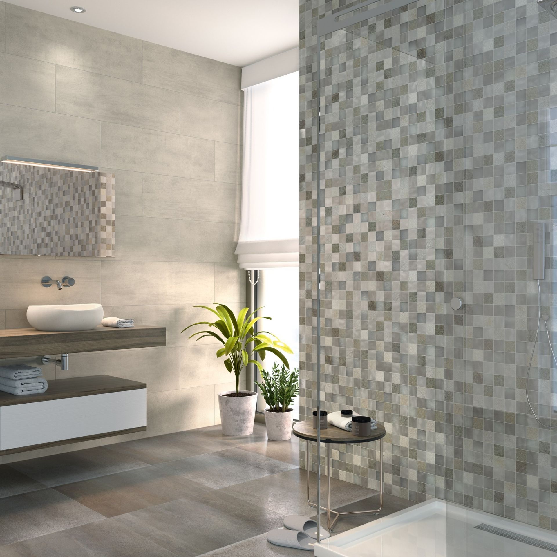 Modern bathroom with gray tiles, a mosaic shower, and plants by a window.