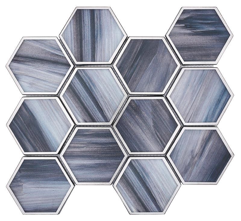 Hexagon-shaped mosaic tiles in shades of gray and blue with a metallic silver border, arranged in a grid pattern.