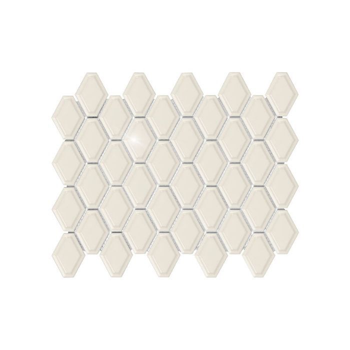 White, elongated diamond-shaped tile mosaic, arranged in a repeating pattern.