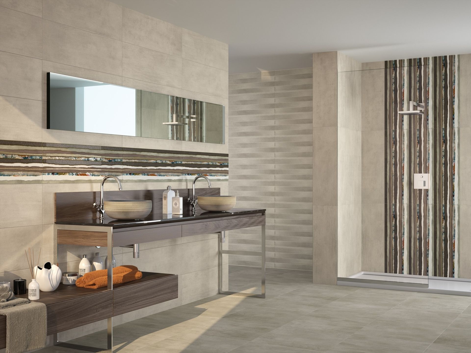 Modern bathroom with beige tile walls, floating vanity, and a shower with striped accent tiles.