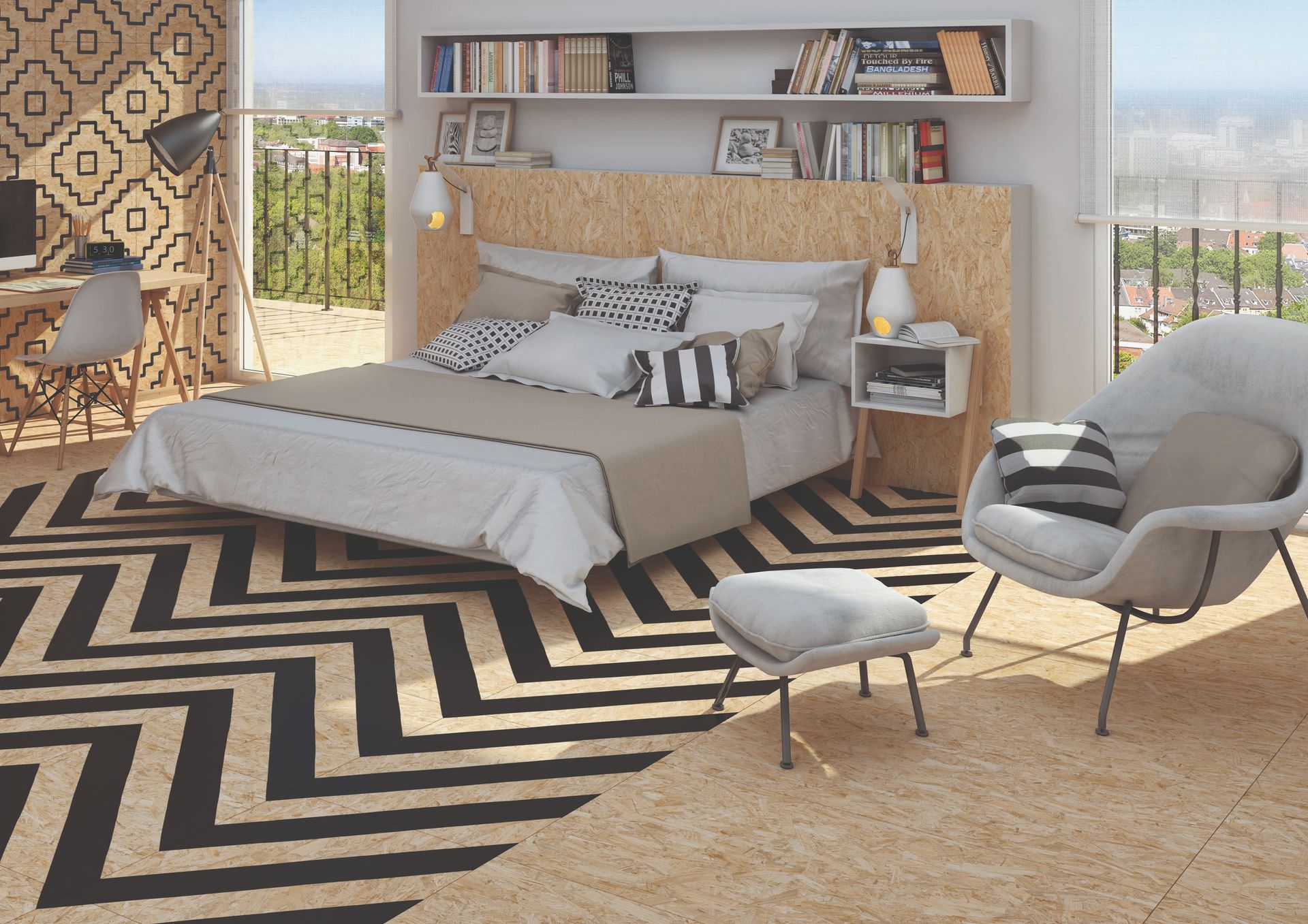 Bedroom with chevron rug, bed, chair, and desk, light wood headboard, balcony view.