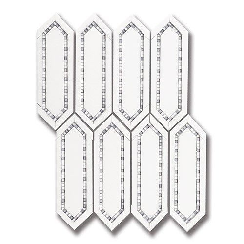 White and gray decorative tile pattern with long, pointed shapes.