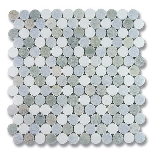 Mosaic tile sheet with a pattern of white and gray circular tiles.