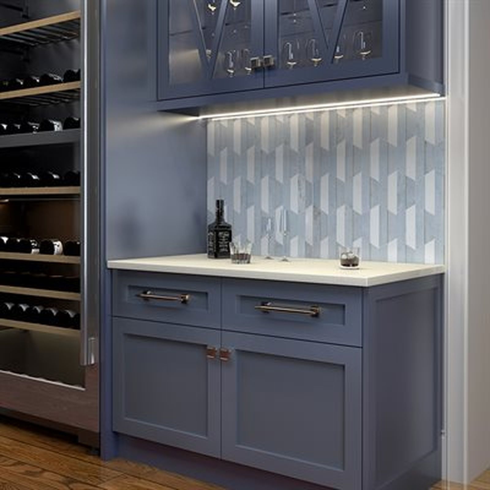 Built-in home bar with a blue cabinet, wine fridge, and marble backsplash.