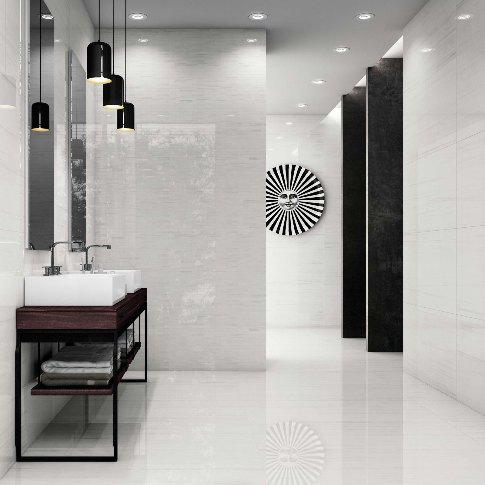 Modern bathroom with white walls, floor, and a dark wood vanity with black framed mirror.