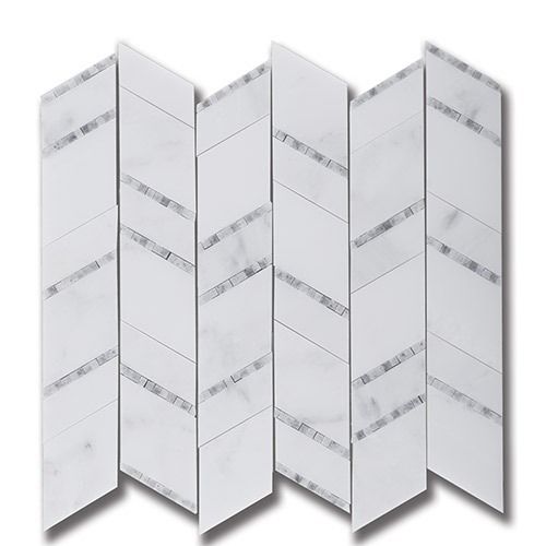 White marble tile with gray veining in a zigzag pattern.