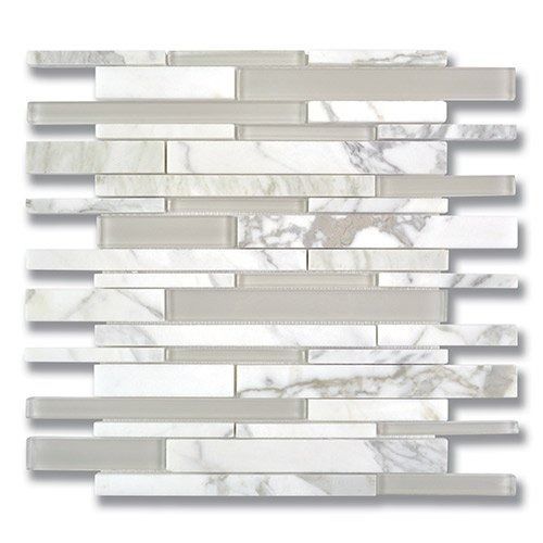 Mosaic tile with marble and glass in shades of white and gray.