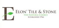 Logo for Elon Tile & Stone, featuring a brown "E" with a green leaf, with text "ELON TILE & STONE".