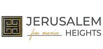 Logo for "Jerusalem Heights," featuring a geometric emblem and gold accents, with the words "fine mosaics" underneath.