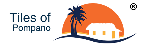 Logo for Tiles of Pompano with palm tree, orange sunset, white building, and curved blue lines.