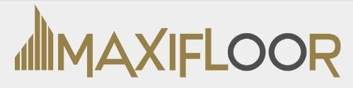 Logo for MAXIFLOOR, with a building-like design on the left in gold, and the company name in gold and grey.