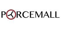 Logo for Porcemall, with the letter "O" replaced by a circle containing a steering wheel icon, all in red.