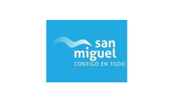 A blue logo for San Miguel contigo en todo