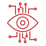 Un ícono de línea roja de un ojo con circuitos a su alrededor.