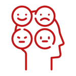 Un ícono de línea roja de la cabeza de una persona con diferentes expresiones faciales.
