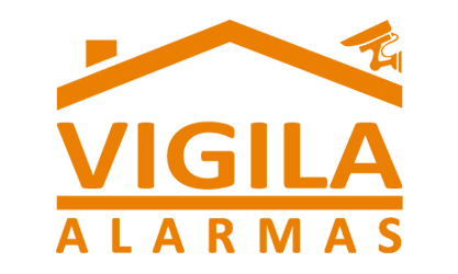 Un logo para vigilancia alarmas con una casa y una cámara en el techo.