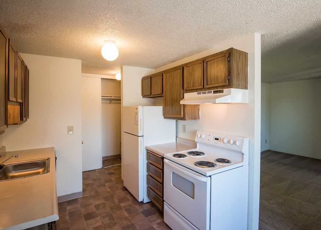 Compact apartment kitchen with white stove, refrigerator, wooden cabinets, and a sink.