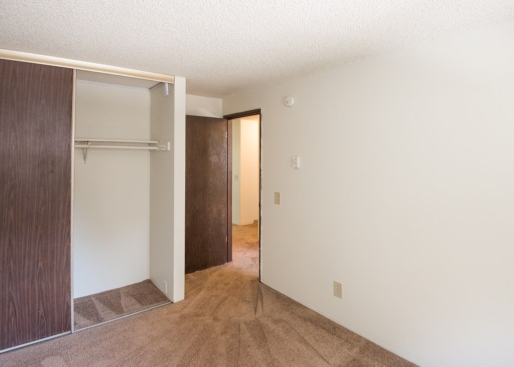 Bedroom with an open closet and doorway to a hall, beige carpet and white walls.