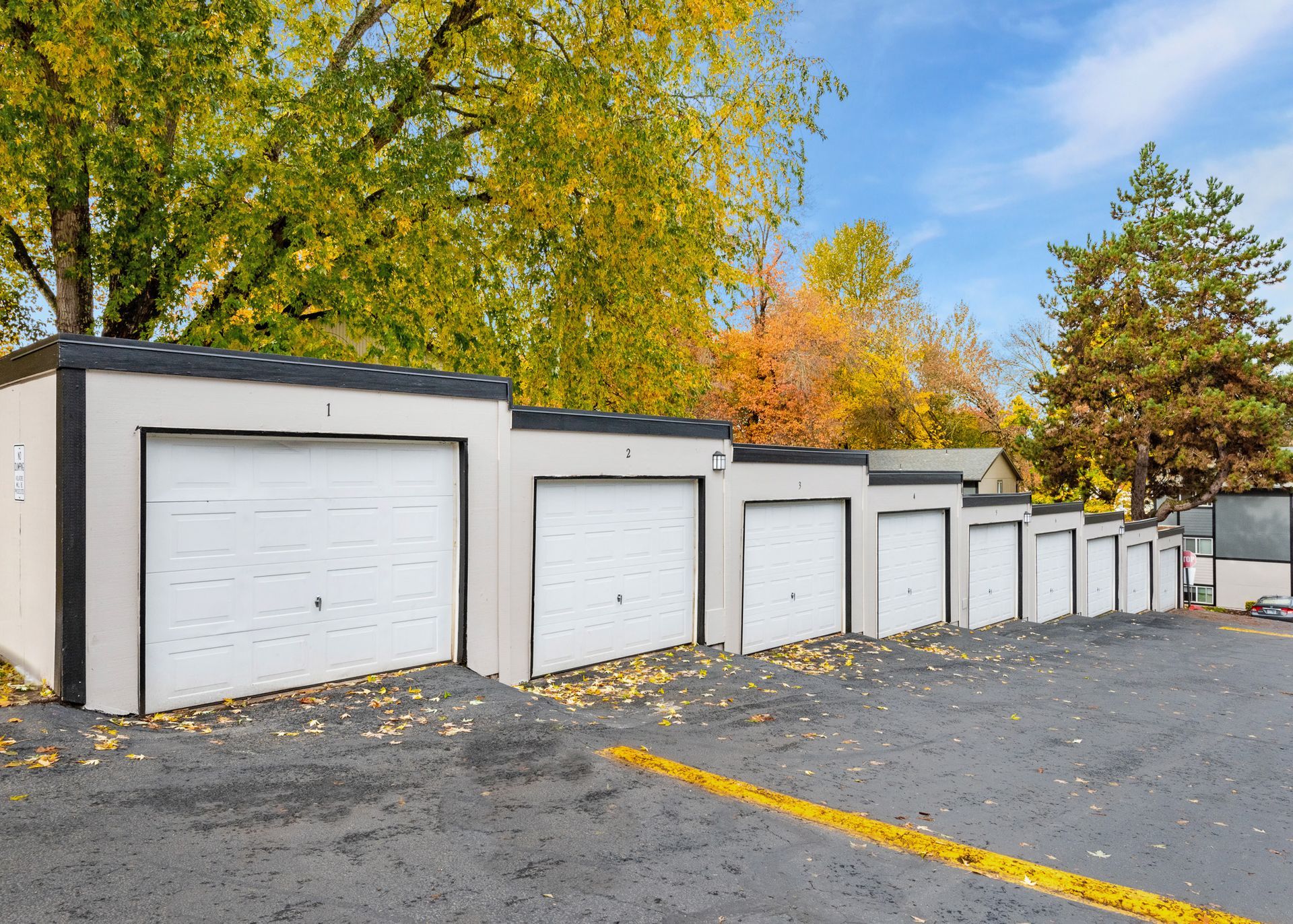 Row of white, numbered garage doors along a paved lot with autumn trees in the background.