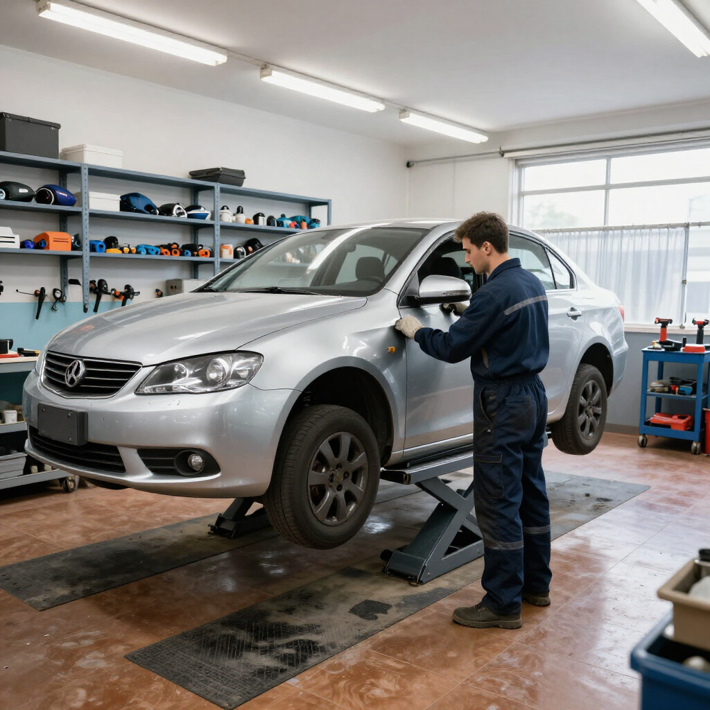 A mechanic in blue work coveralls inspects the front fender of a silver car elevated on a scissor lift in an auto shop.