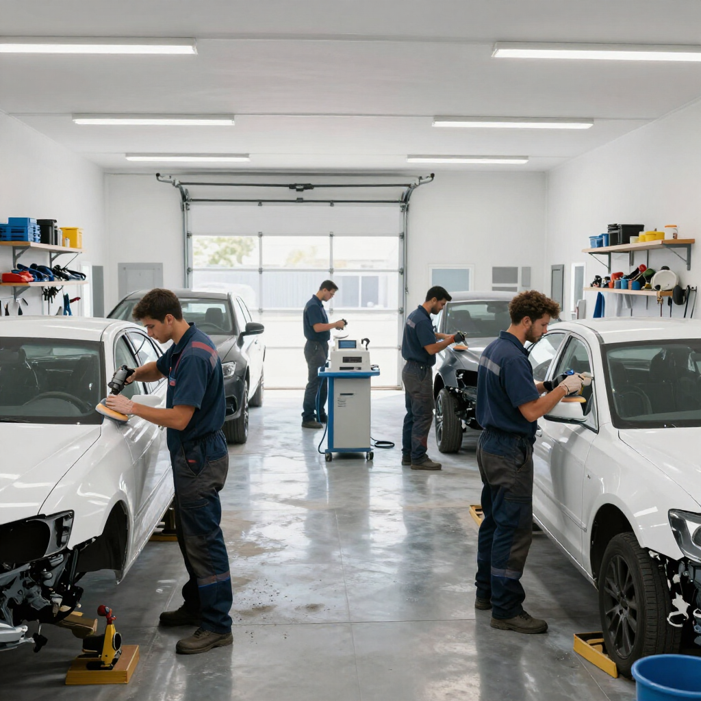 Mechanics working on white cars in a bright, organized professional auto body shop.