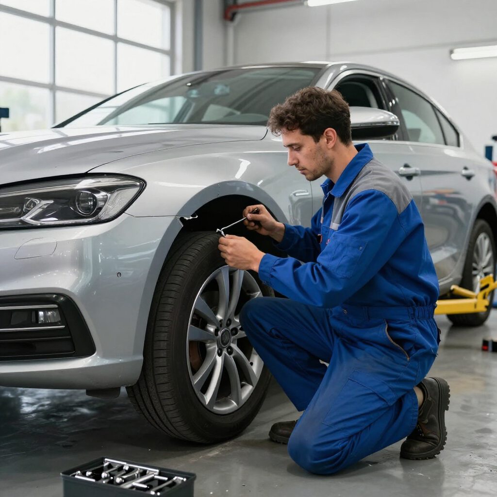 A mechanic in blue coveralls kneels to work on the wheel well of a silver sedan in a professional automotive garage.