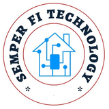 A circular logo reads "SEMPER FI TECHNOLOGY" around a blue outline of a house containing a central microchip icon.