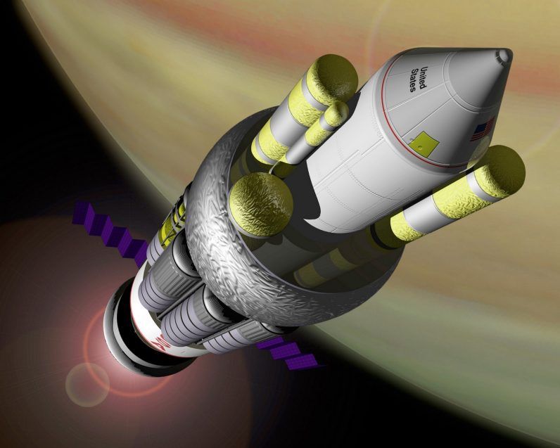 The Orion spacecraft, imagined here in a NASA conception, would turn one of the greatest threats to humankind into a means to reach the stars. Image credit: NASA