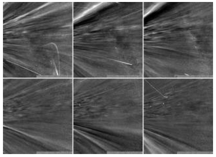 As the Parker Solar Probe passed through the corona on encounter nine, the spacecraft flew by structures called coronal streamers. These structures can be seen as bright features moving upward in the upper images and angled downward in the lower row. Such a view is only possible because the spacecraft flew above and below the streamers inside the corona. Until now, streamers have only been seen from afar. They are visible from Earth during total solar eclipses.