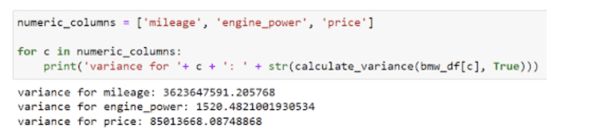 Variance for numeric columns in the BMW data frame