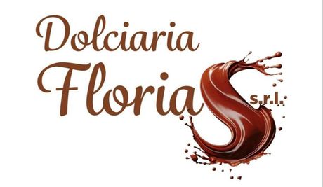 Logo per Dolciaria Floria srl; testo in caratteri marroni su una spruzzata di cioccolato liquido.