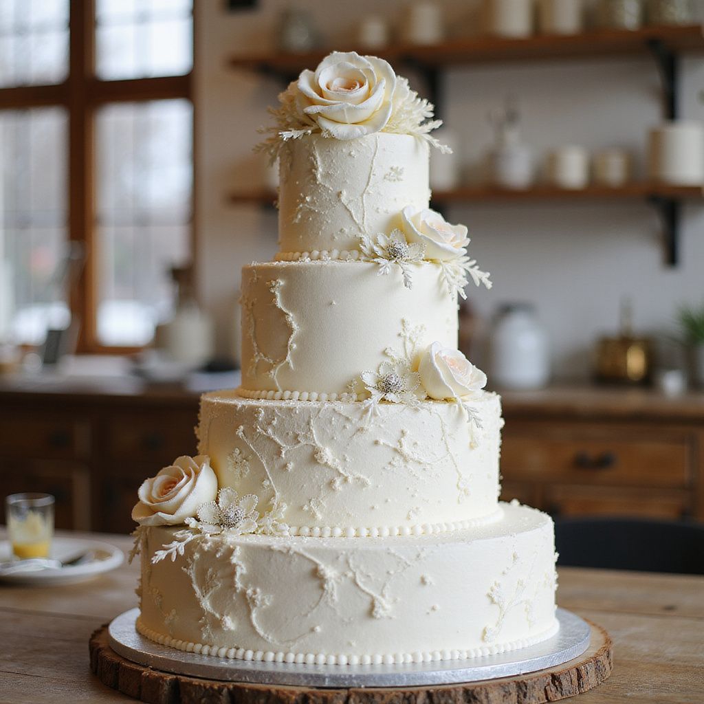 Torta nuziale bianca a quattro piani con decorazioni floreali su un tavolo di legno.