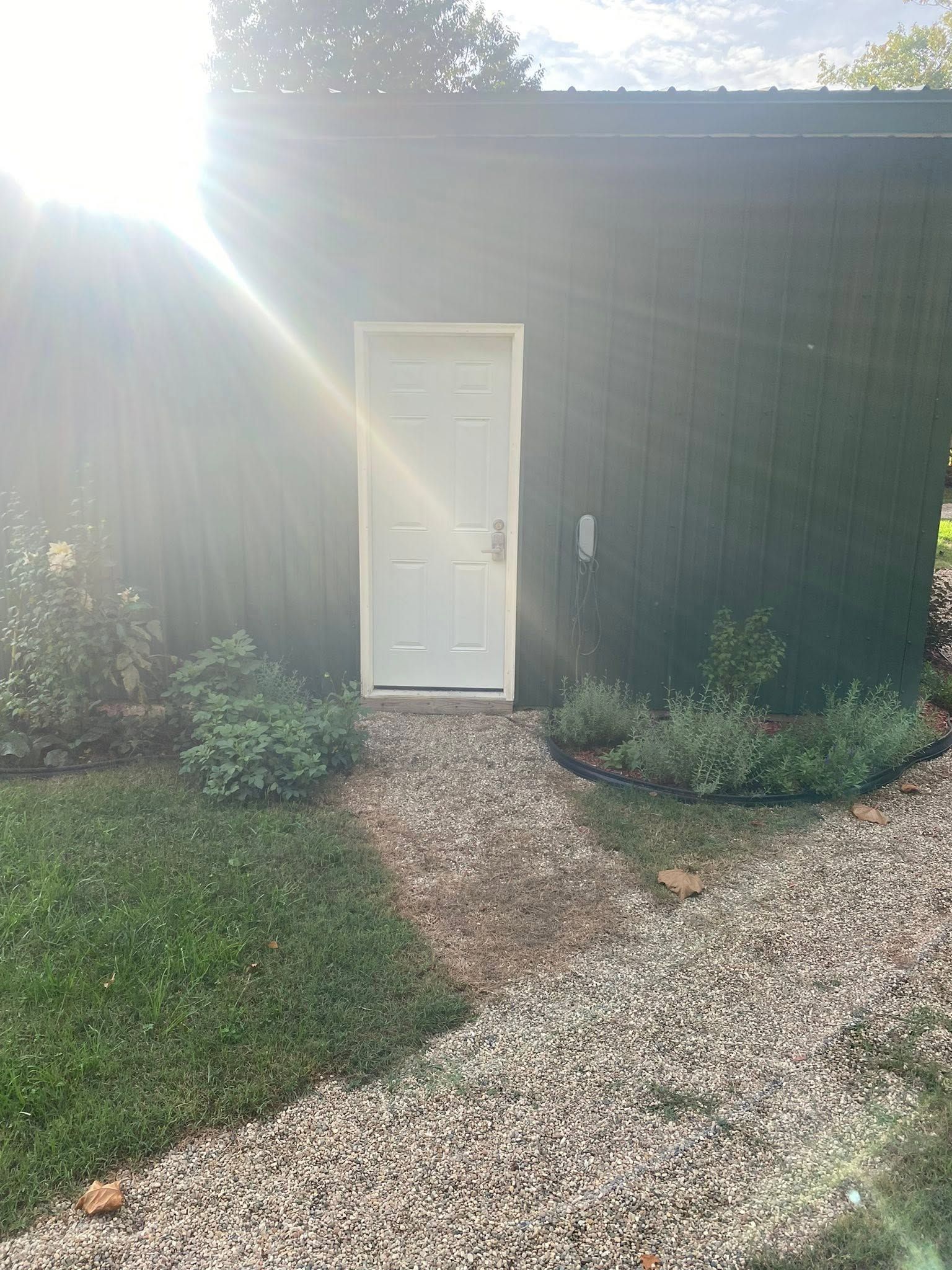 White door on dark shed, with gravel path and greenery in bright sunlight