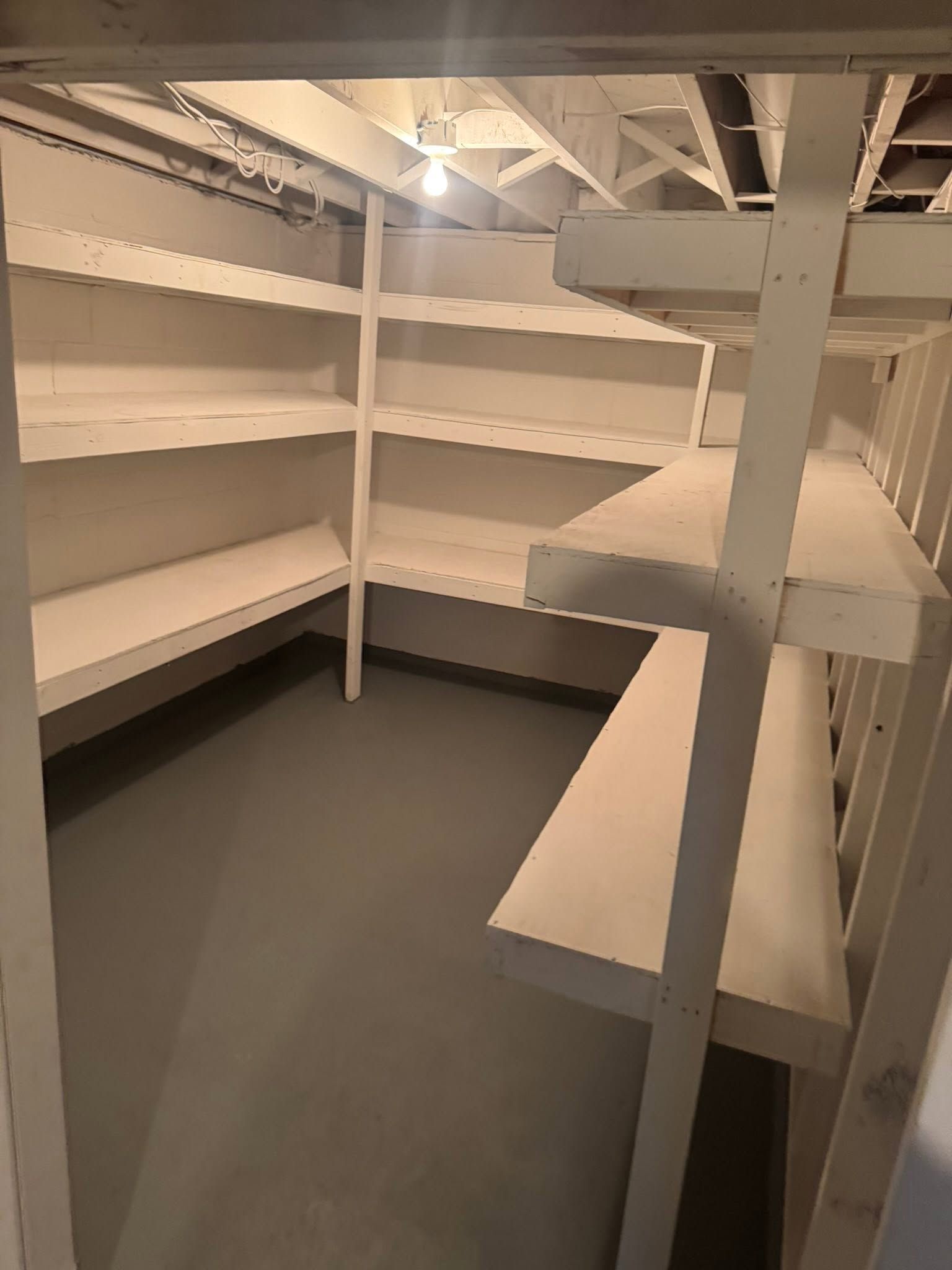Empty white storage room with built-in shelves and a gray floor, viewed from the doorway