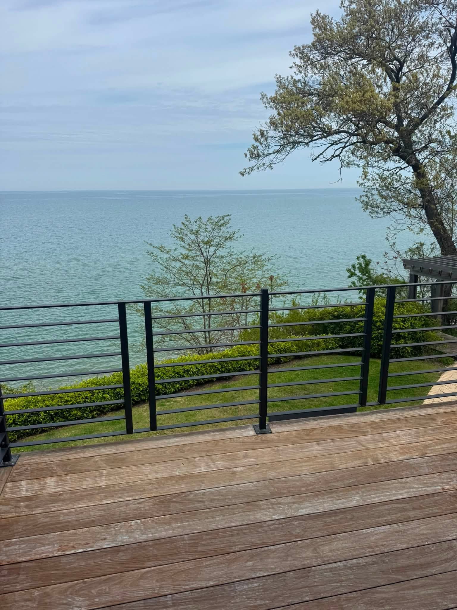 Lake view from a deck with black railing, tree, and cloudy sky