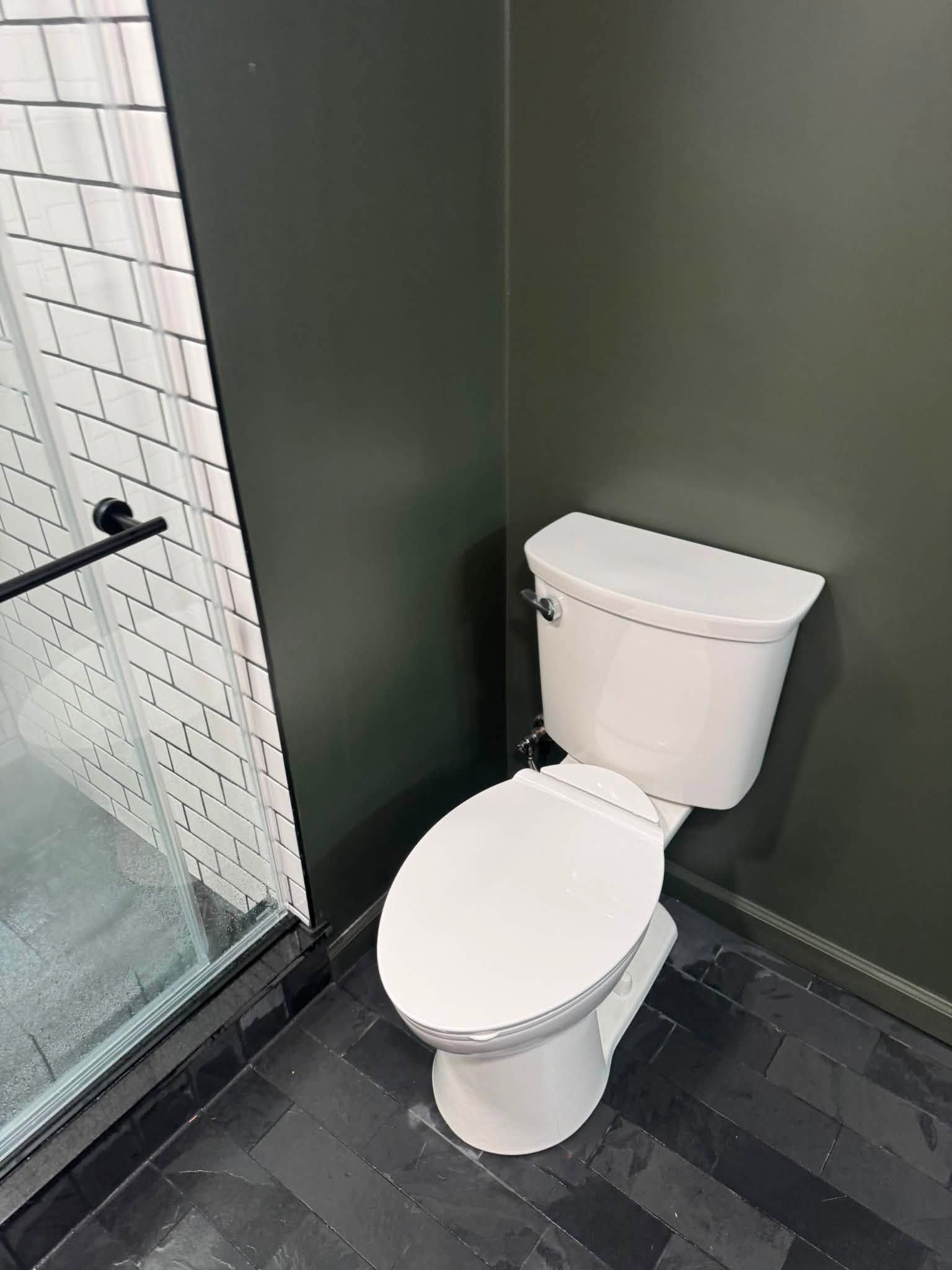 Small modern bathroom with a white toilet beside a glass shower and dark tile floor.