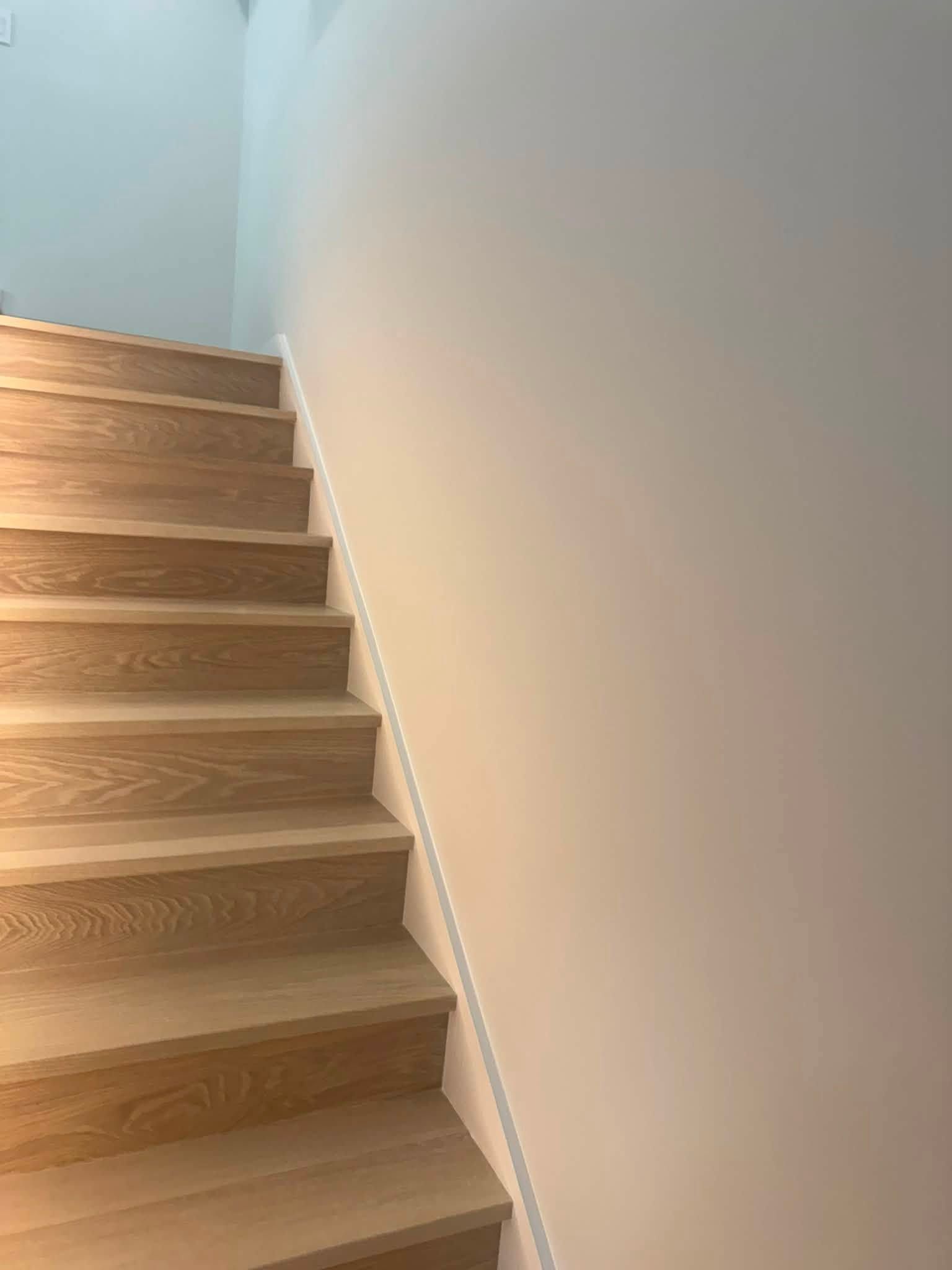 Indoor staircase with light wood steps and a white wall, lit by natural light from above.