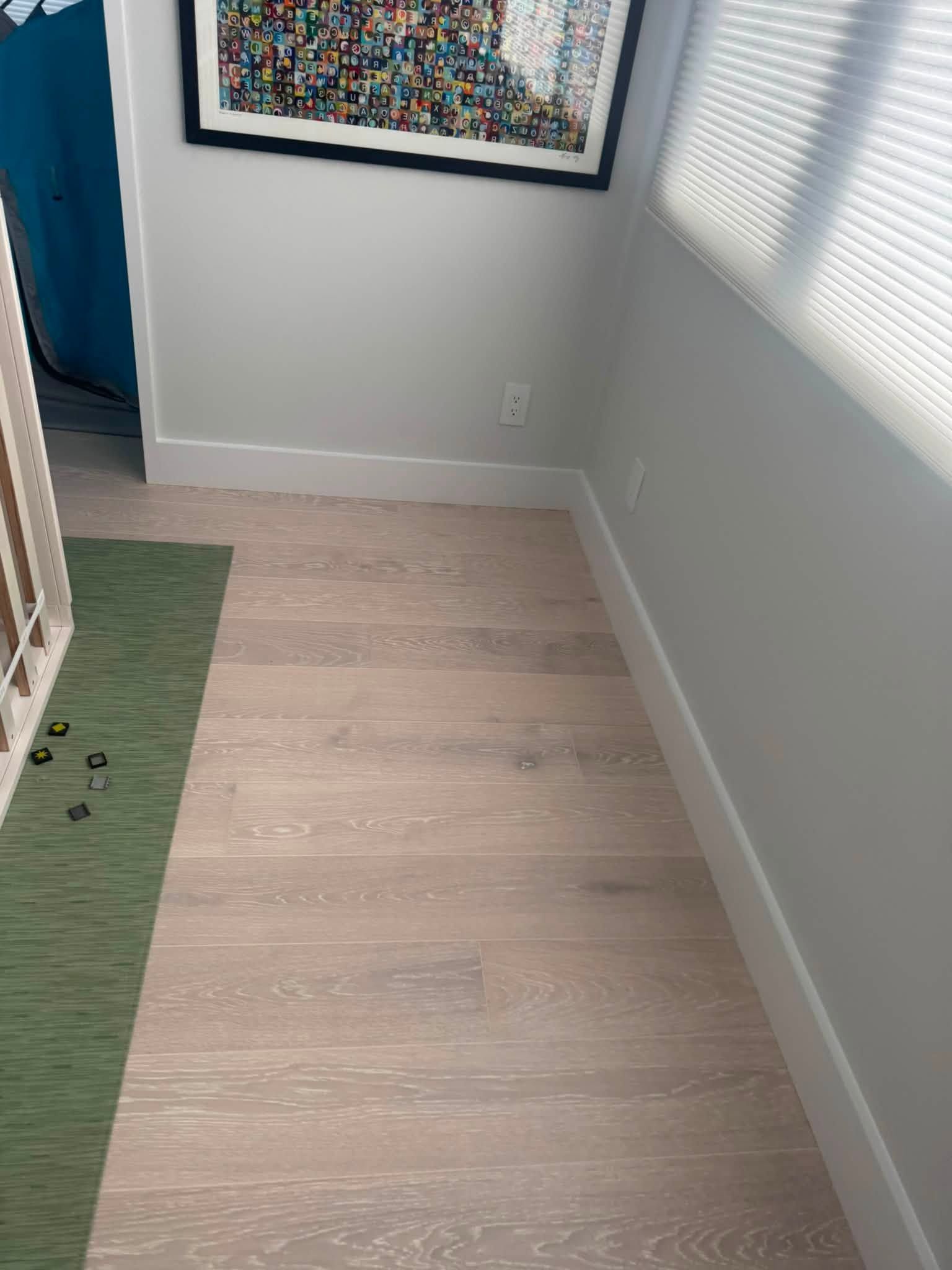 Narrow hallway with light wood floor, white walls, green rug, and sunlight from a window.