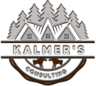 Kalmer&rsquo;s Consulting logo with gray mountain peaks, pine trees, and brown circular accents