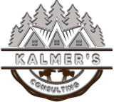 Kalmer’s Consulting logo with gray mountain peaks, pine trees, and brown circular accents